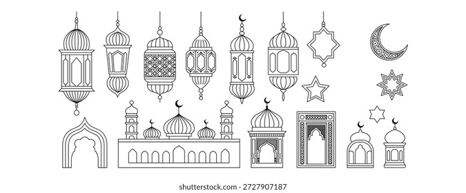 Arquitectura islámica y faroles de Ramadán sobre fondo blanco