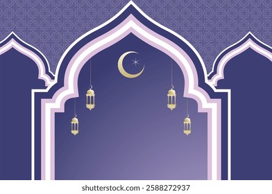 Islamic architecture window with lantern and moon, ramadan background arch arabic on violet color. Islamic celebration template with copy space.
