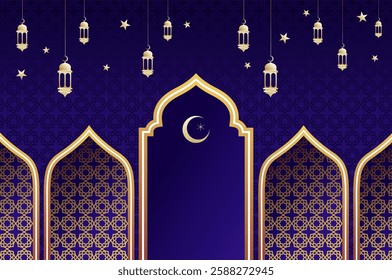 Islamic architecture window with lantern and moon, ramadan background arch arabic. Islamic celebration template with copy space.