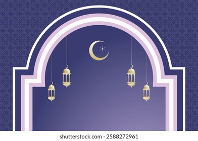 Islamic architecture window with lantern and moon, ramadan background arch arabic on violet color. Islamic celebration template with copy space.