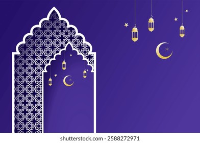 Islamic architecture window with lantern and moon, ramadan background arch arabic. Islamic celebration template with copy space.