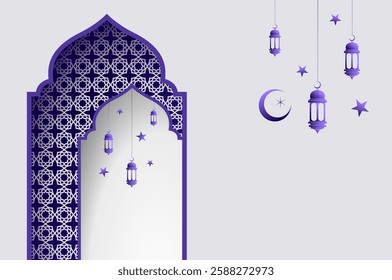 Islamic architecture window with lantern and moon, ramadan background arch arabic. Islamic celebration template with copy space.