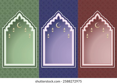 Islamic architecture window with lantern and moon, ramadan background arch arabic. Islamic celebration template with copy space.
