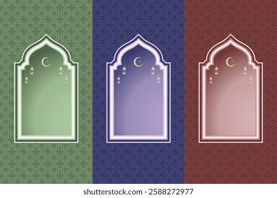 Islamic architecture window with lantern and moon, ramadan background arch arabic. Islamic celebration template with copy space.