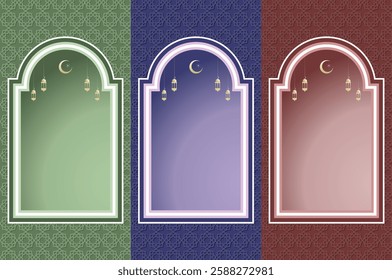 Islamic architecture window with lantern and moon, ramadan background arch arabic. Islamic celebration template with copy space.