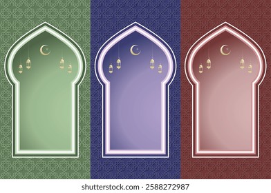 Islamic architecture window with lantern and moon, ramadan background arch arabic. Islamic celebration template with copy space.