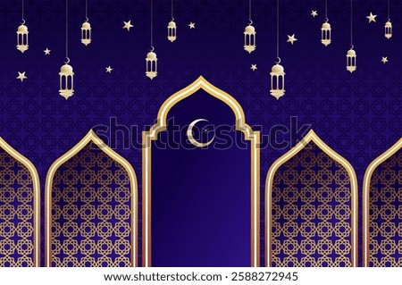 Islamic architecture window with lantern and moon, ramadan background arch arabic. Islamic celebration template with copy space.