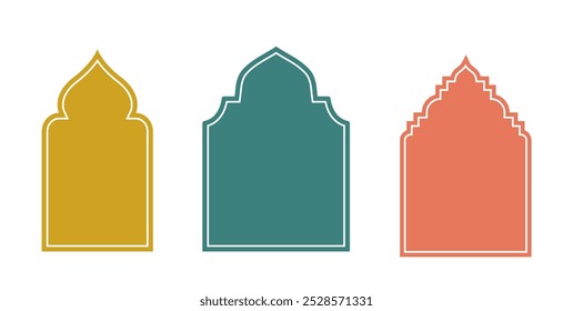 Islamic architecture windows set. Green, yellow and orange arabic mosque windows. Oriental architecture. Elements of decor. Flat vector collection isolated on black background