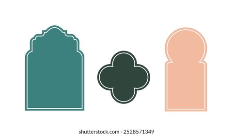 Conjunto de ventanas de arquitectura islámica. Patrones árabes verdes y rosados. Paquete de puertas orientales viejas. Forma geométrica de estilo asiático oriental. Colección plana del Vector aislada en el fondo blanco
