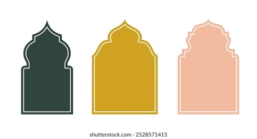 Islamic architecture windows set. Green, yellow and beige arabic mosque frames. East asian culture. Pattern and ornament. Flat vector collection isolated on white background