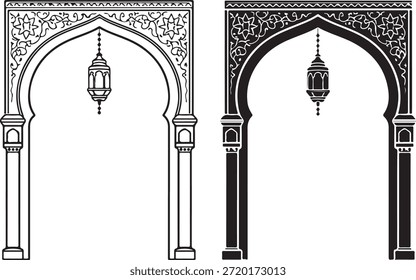 Arco islámico con ilustración de linterna colgante aislado sobre fondo blanco, Vector, ilustración