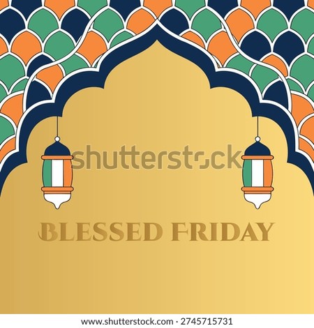 Islamic archway with lanterns and Blessed Friday text on golden background Keywords: Blessed