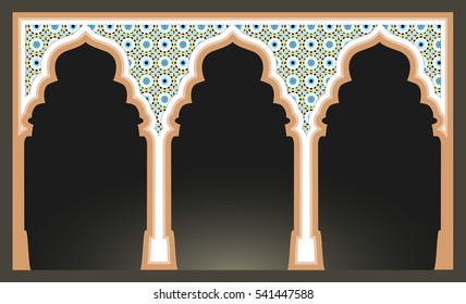 Islamic arcs with arabic mosaic pattern. Mosque columns isolated. vector illustration