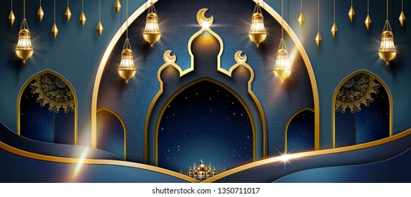 Islamic art background with mosque and hanging lanterns in the night