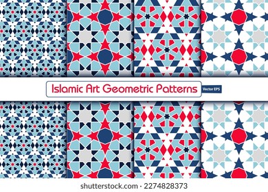Patrones geométricos del arte islámico, colección decorativa de diseño árabe, imagen vectorial de adorno islámico de fondo