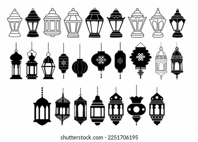 Islamic Art Style Background. Ramadan Mubarak symbols, Hanging Lanterns, arabic lamps, stars, vector art and illustration isolated on white background