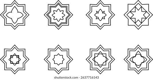 islamic art vector icon set, islamic geometric art pattern with traditional mosaic tile and floral ornament decorative tiles Elegant element for design in Eastern style, for invitations greeting cards
