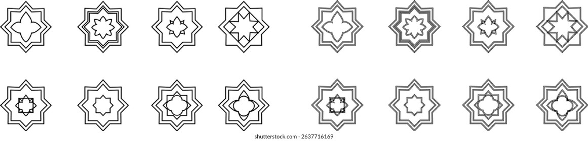islamic art vector icon set, islamic geometric art pattern with traditional mosaic tile and floral ornament decorative tiles Elegant element for design in Eastern style, for invitations greeting cards