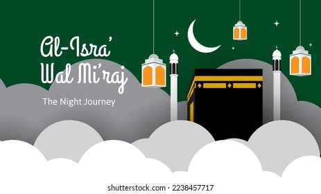 islamic background for Al-Isra Wal Mi'raj, Ramadan Kareem and Eid Mubarak with kaaba, lantern and cloud. vector illustration