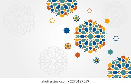 Islamic Background with Arabic Moroccan colorful ornamental pattern vector. Greeting card banner for Ramadan Kareem, Eid Fitr, and Muslim Festival.