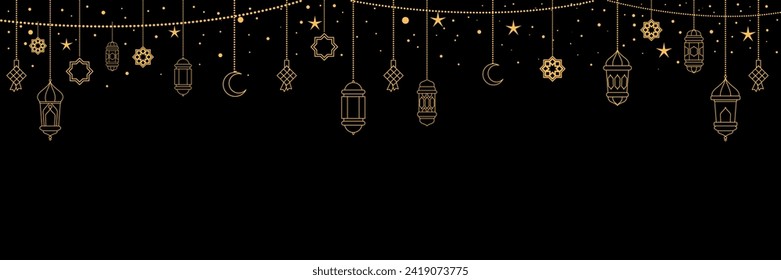 Islamic background with Arabic traditional Ramadan Kareem eastern lanterns garland. vector illustration