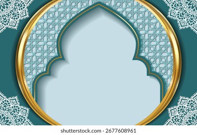 Islamic background for banner or greeting card with golden frame and arabic pattern