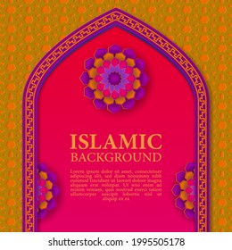 Islamic background banner template for Eid al-Adha Mubarak with Islamic pattern, kaaba, and mosque. Decorated with islamic pattern border. Paper cut design style