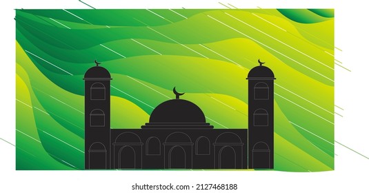 Islamic background with beautiful mosque design in black and white and landscape green background