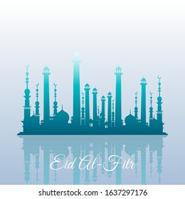 Islamic Background with Beautiful Mosques and Reflection Style. Eid Al-Fitr Design with Sky Blue Color
