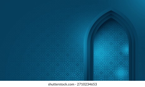 Fondo islámico en diseño azul con arco de mezquita y diseño de efecto de luz. fondo islámico para la campaña de celebración de vacaciones islámicas