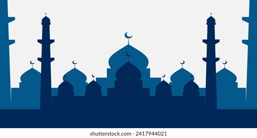 Islamic background with blue mosque silhouette. free copy space area. design for banners, greeting cards, posters, social media for Islamic holidays.