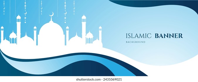 islamic background in blue and white color with mosque and wavy shapes for ramadan kareem banner, eid mubarak and other islamic holiday. vector illustration