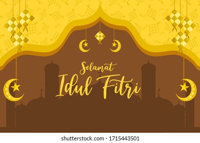 Islamic Background Called Selamat Idul Fitri With Vector Ketupat Ornaments And Islamic Pattern. Translation Happy Eid, Celebration Of Islamic Day After Ramadhan Background In Flat Design Style. 