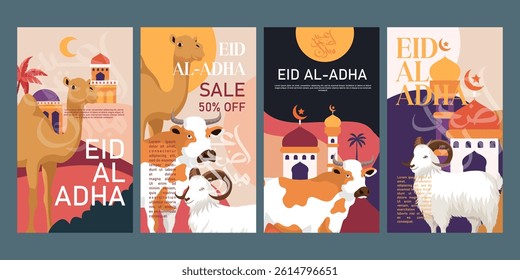 islamic background collection for Eid al-Adha greeting card , poster, banner design, with cow, camel and goat illustration. vector eps 10