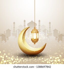 Islamic background with a combination of hanging gold lanterns and golden crescent moon. Fancy backgrounds for posters, banners, greeting cards and more.