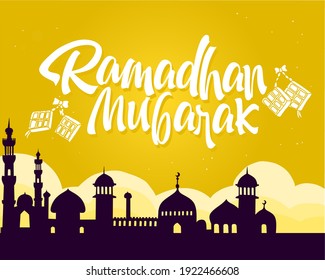 Contenido de fondo islámico con siluetas de mezquitas, adornos de lámparas y la leyenda "Ramadan mubarak" para el tema del mes sagrado del Islam.