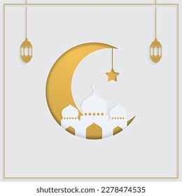 Islamic Background With Crescent and mosque papercut style vector illustration