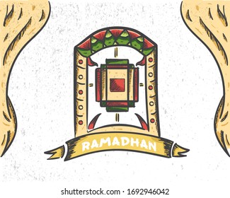 
Islamic background with curtain and window decoration which means welcoming the holy month of Ramadan
