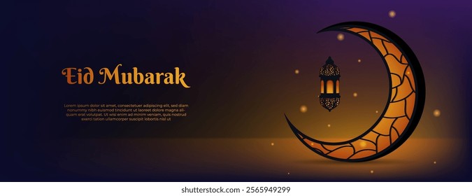 Islamic Background with dark 3d crescent  and lantern with orange light