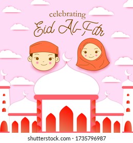 Islamic background decorated with mosque and cute kids. Minimal composition in paper cur style. islamic holiday festival of eid mubarak design template. Vector illustration.