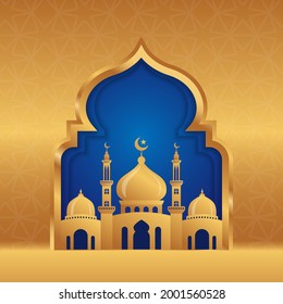 Diseño de fondo islámico con ilustración de mezquita 3d en color oro. Se puede usar para tarjetas de felicitación, fondo o banner.