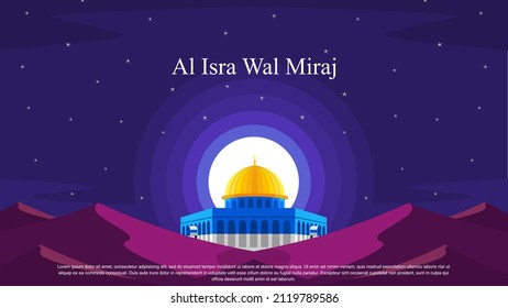 Islamic Background Design. Al-Isra wal Mi'raj means The night journey of Prophet Muhammad. Banner, Poster, Greeting Card. Vector Illustration.