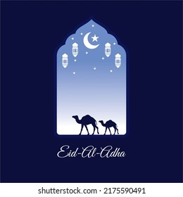 Islamic background design with camel, star, crescent moon and lantern. suitable for the design of Eid al-Adha, Eid al-Fitr, Hajj, Ramadan, Muharram, Umrah, and other Islamic celebrations. 