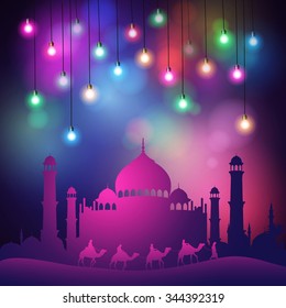 Islamic Background design colorful lights mosque and arabian traveller
