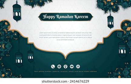 Diseño de fondo islámico en oro blanco verde y diseño ornamental dibujado a mano para publicidad de venta de ramadán