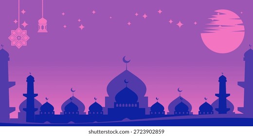 Projeto de fundo islâmico de uma silhueta da mesquita com uma lua e lanternas. Espaço livre para banners, cartazes e mídias sociais.