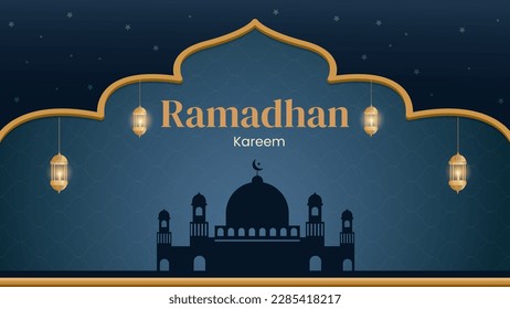Islamic background design for Ramadan Kareem featuring a mosque's silhouette, ornamental lanterns in gold, and golden stars that can be used for banners, signs, greeting cards, and social media posts.
