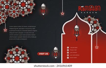Islamic background design with red, black, and gold design with mandala ornamental background, ramadan background with lantern and star design