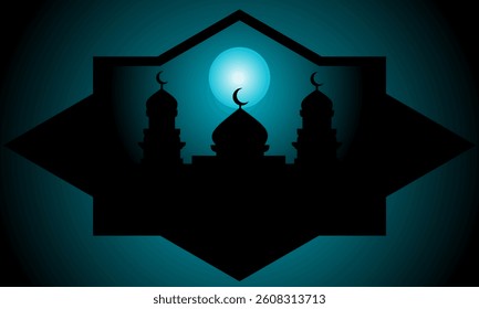 Islamic background design with silhouette of a mosque in the night. Mosque Silhouette with Star Frame and Crescent Moon Against Light Blue Glow
