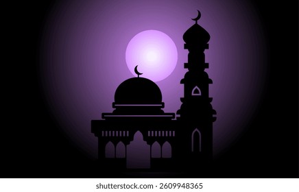 Islamic background design with silhouette of mosque in the night. Abstract Mosque Illustration with Single Minaret, Crescent Moon, and Purple Glow